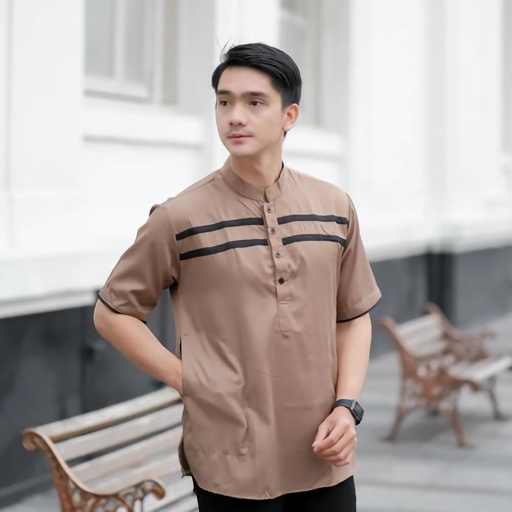 Baju Koko Pria Elrumi Lengan Panjang Motif Warna Hitam Kombinasi Batik