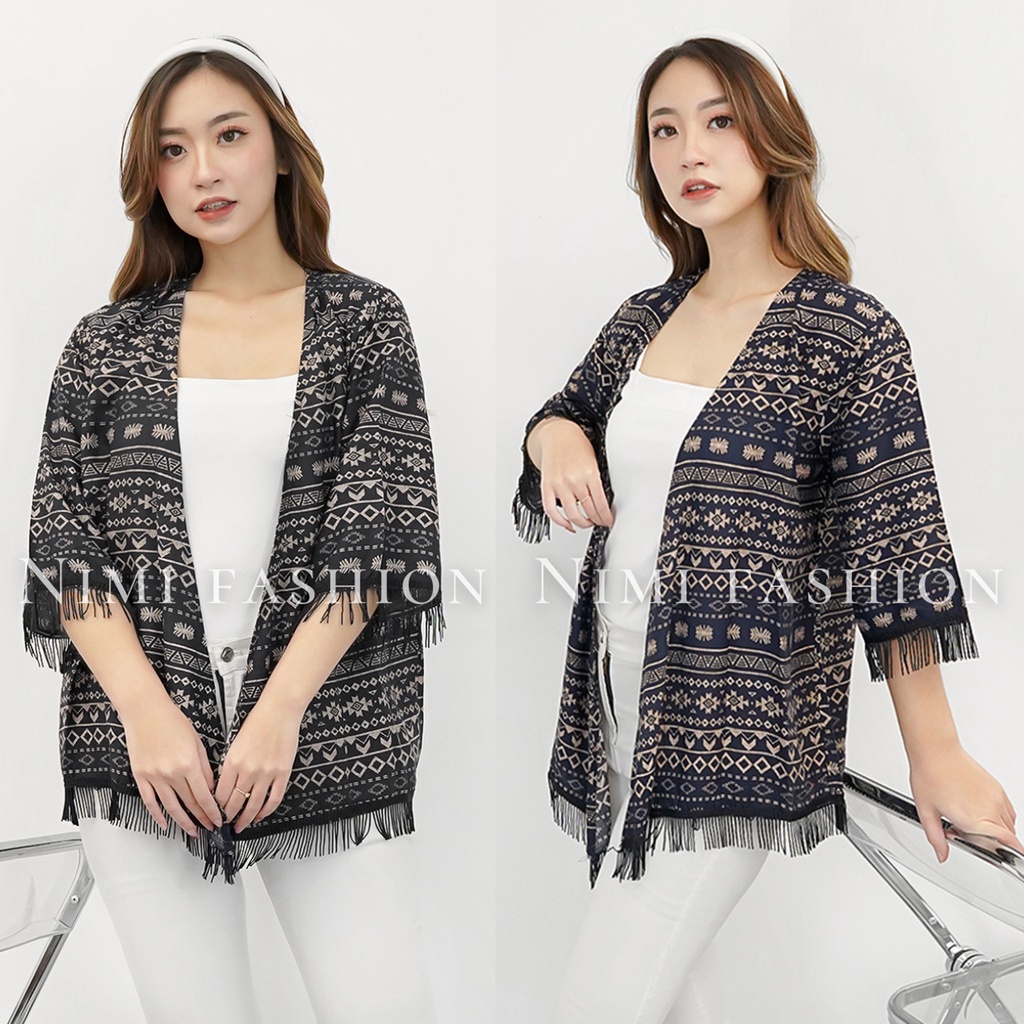 NIMI - Cardigan Bohemian Rawis Cardigan Wanita Korea Tribal Rumbai