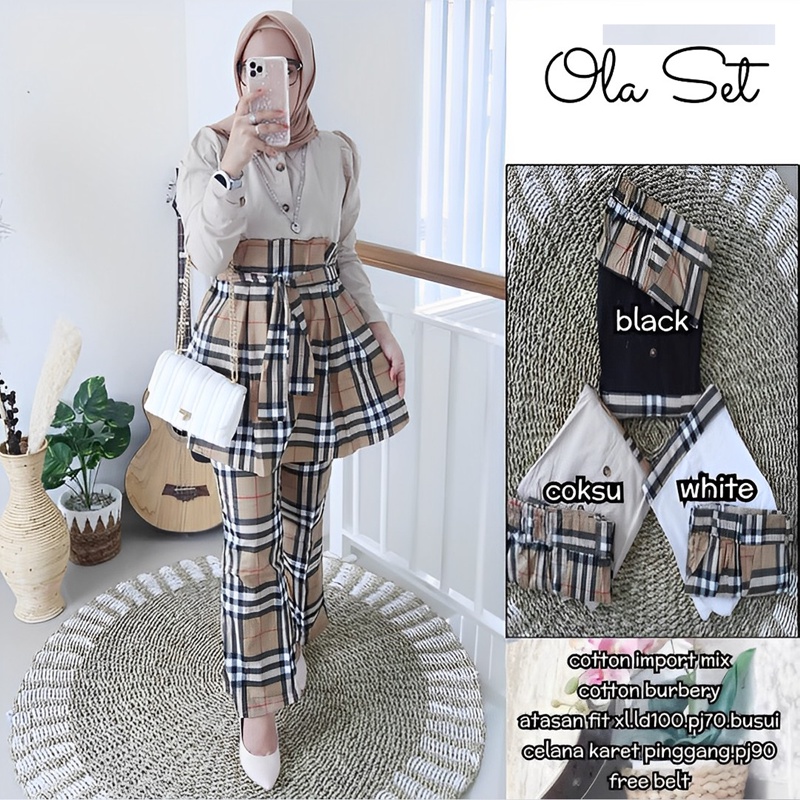 Ramdan Collection | Ola One Set Atasan + Celana Kombinasi Burberry Premium Setelan Blouse Wanita Busui Friendly Lengan Panjang Kekinian