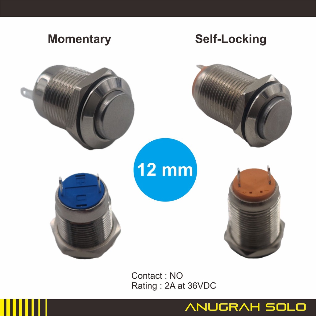 Metal Push Button Pushbutton Tombol Tekan Push ON 12mm