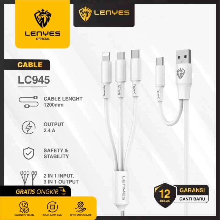 LENYES LC945 2.4A 6 In 1 Kabel Data 1.2m Micro USB Type C Lightning casan