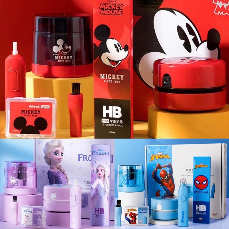 disney deluxe electric stationery set peralatan menulis elektrik lengkap penghapus serutan