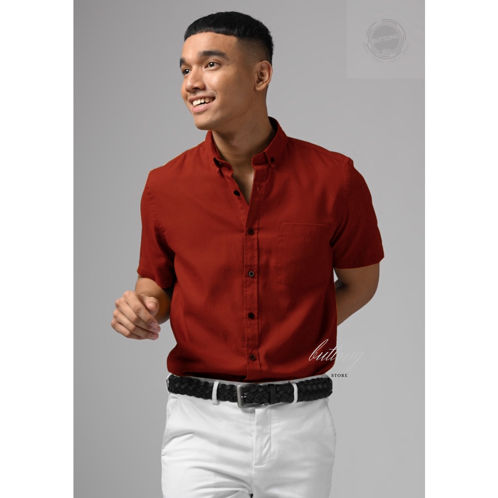 KEMEJA PRIA LENGAN PENDEK POLOS MERAH MAROON / ORANYE