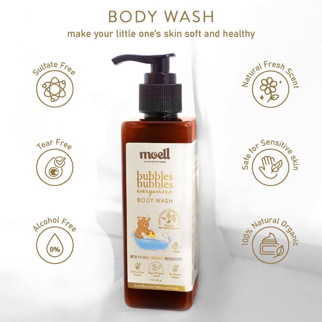 MOELL Bubbles Bubbles Everywhere Shampoo / Body Wash / Moist Skin Everytime Body Lotion / Nourish Everyday Hair Lotion / Shampo Sabun Lotion Rambut Bayi Anak MOEL / MOELL BANDUNG