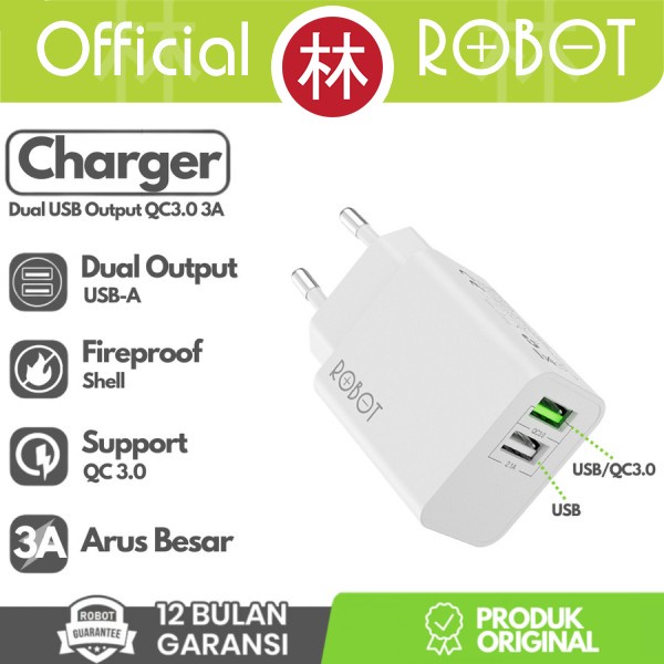 ROBOT RT-F4 Adapter Charging Dual USB Port 3A 18W Quick Charger QC3.0