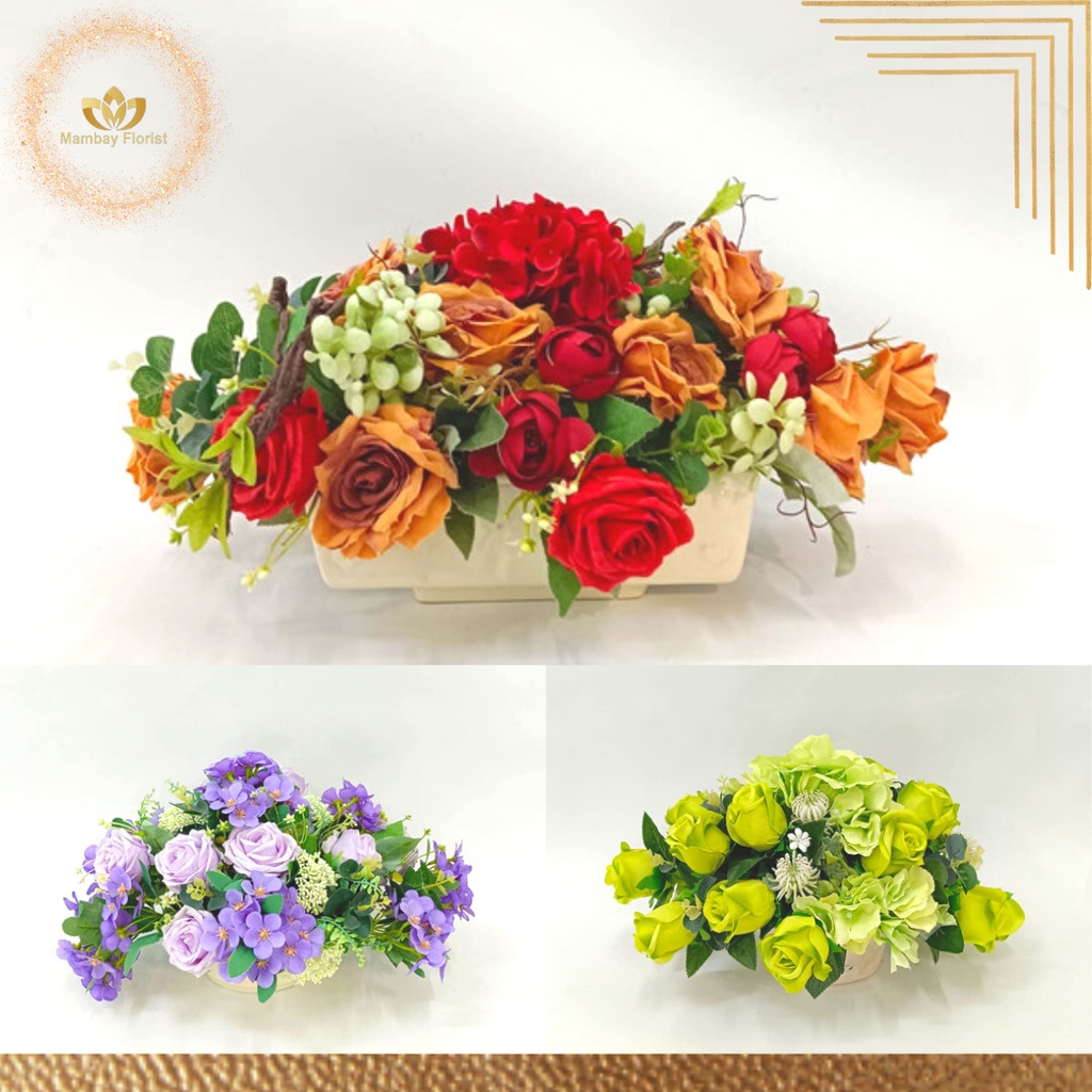 Rangkaian Bunga Mawar Oval Combinasi /Hiasan Meja / rangkaian/ hiasan/artificial / vas keramik /bung