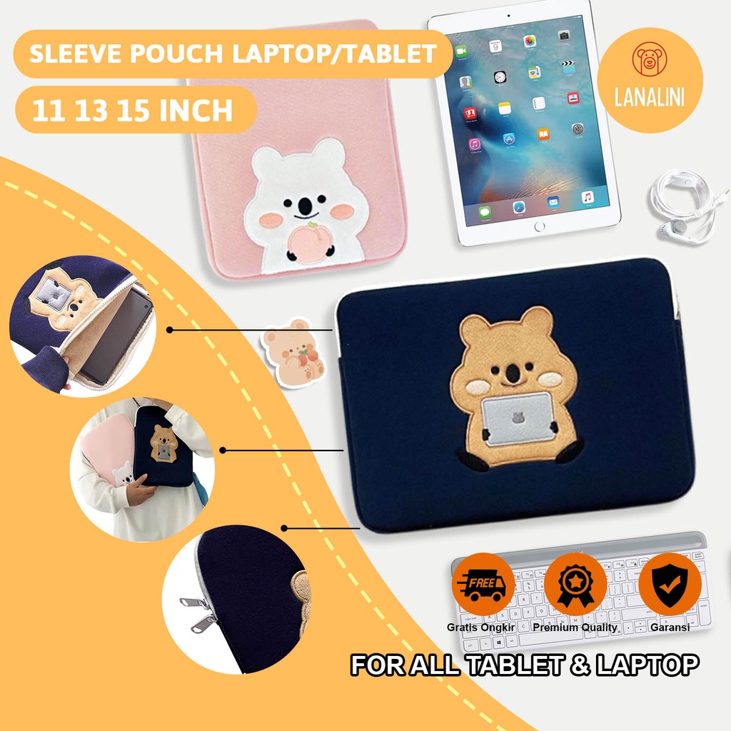 Sleeve Pouch Sarung Tas Bag Case Ipad Tab Tablet Macbook Air Pro Laptop Asus Acer Lenovo HP Huawei 11 12 13 14 15 inch Motif Gambar Tupai Squirrel Warna Biru Navy Pink Lucu Cute Murah Korean Model