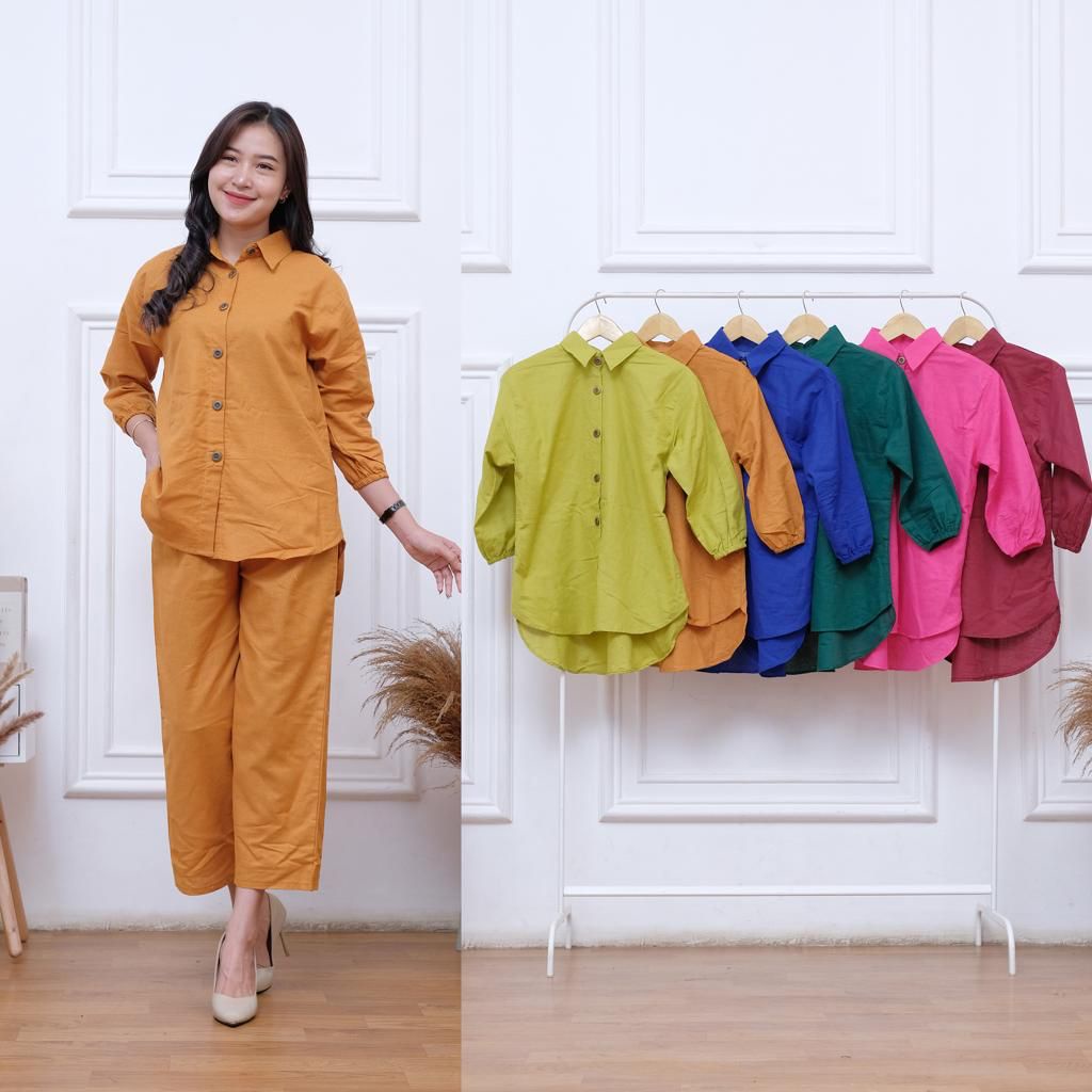 Setelan Wanita Atasan setelan kulot, ONE SET KEMEJA setelan wanita polos terbaru+Celana Kekinian KEMEJA set Linen one set terbaru KEKINIAN TERMURA SET KMEJA OVERSIZE