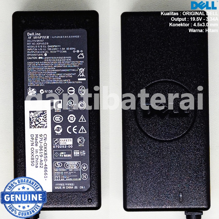 Adaptor Charger Laptop DELL 19.5V 3.34A 65W 4.5x3.0mm 65W Original