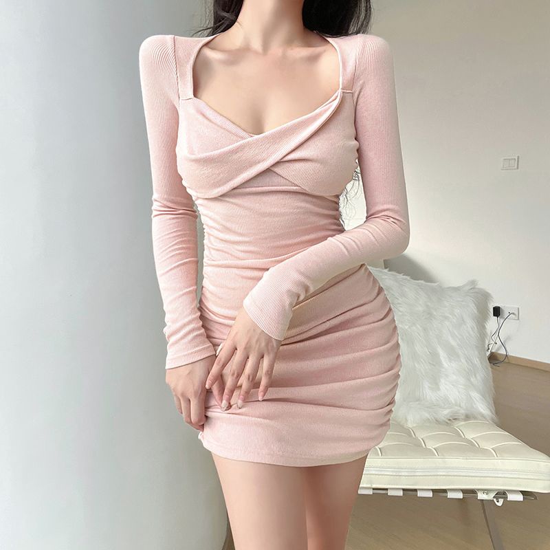 Red beyouare square collar pleated waist long-sleeve dress female awal musim gugur slim ins hot girl bag hip skirt short skirt