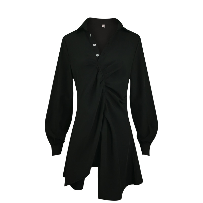 Red Musim semi desain retro rasa V-neck lengan panjang kemeja tidak beraturan rok hitam kecil rok A-line wanita all-match gaun pinggang tinggi