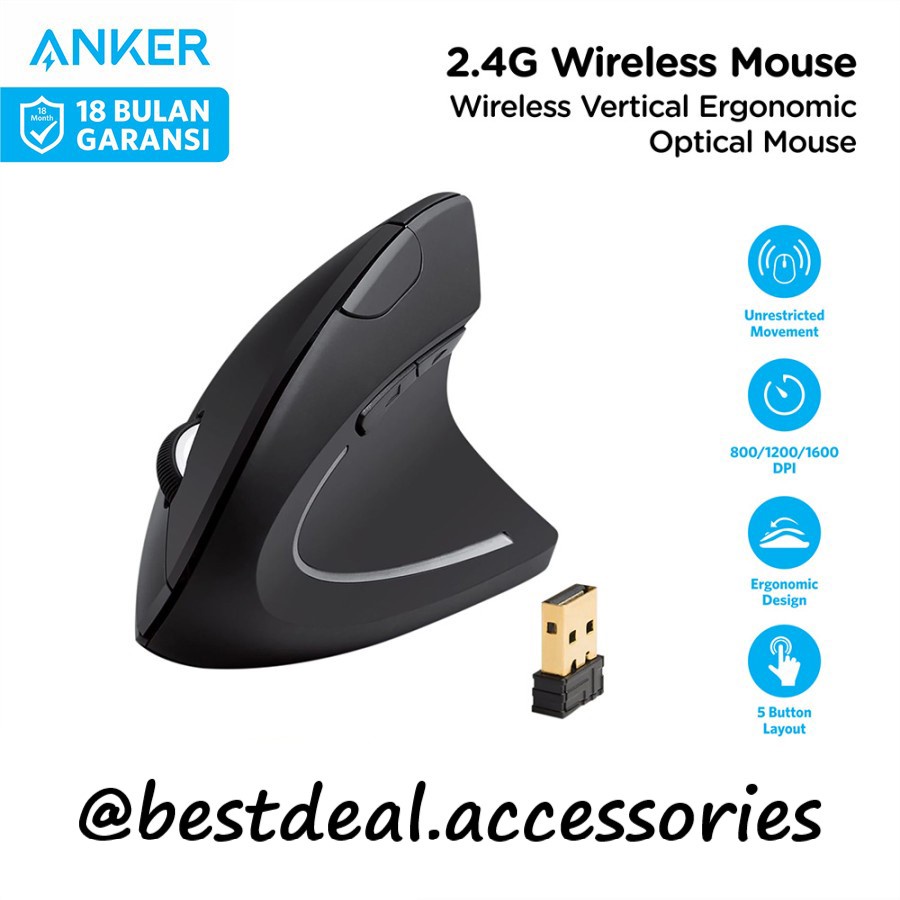 Anker Wireless Vertical Ergonomic Mouse - Spt Logitech Mouse - A7852