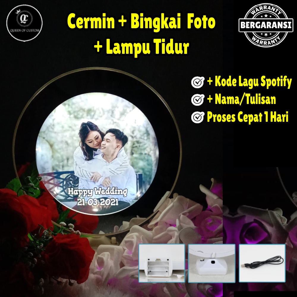 Kado Hadiah Pernikahan Cermin Custom + Bingkai Foto + Lampu Kamar Tidur Meja Dekorasi Moonlight LED 