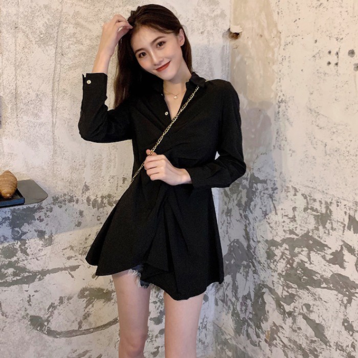 Red Musim semi desain retro rasa V-neck lengan panjang kemeja tidak beraturan rok hitam kecil rok A-line wanita all-match gaun pinggang tinggi