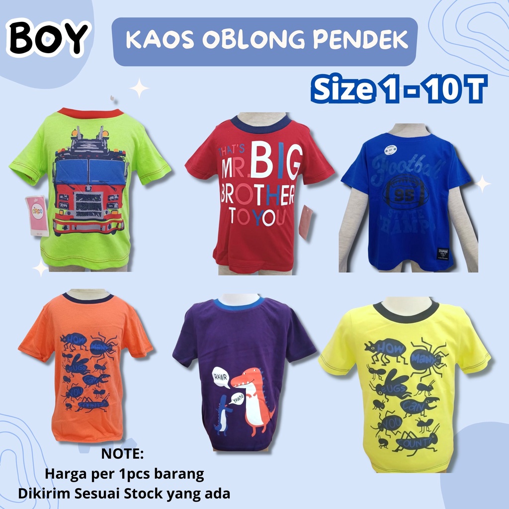 KAOS OBLONG Pendek Anak Cowok size 1 - 10 tahun adem pendek anak laki - laki boy katun motif lucu branded