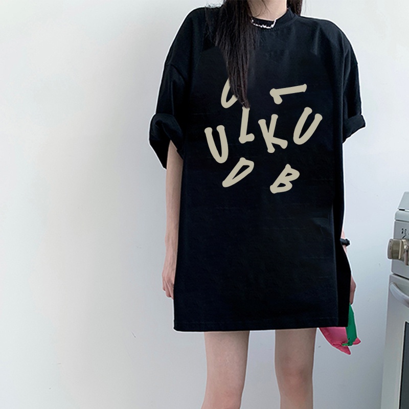 Print T-shirt Kaos Lengan Pendek Abstract English Baju Wanita Oversize Korean Style