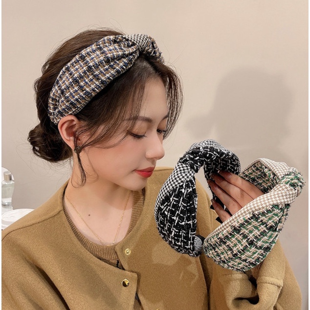 Terlaris Bando Bandana Korea Wanita / Bando Simpul Tweed Kotak Premium Liang