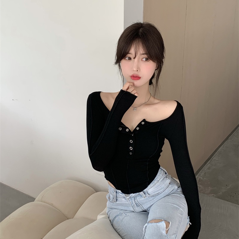 EUNII Korea Style Lengan Panjang Atasan Crop Top Desain Kancing Gaya Baju Atasan Wanita