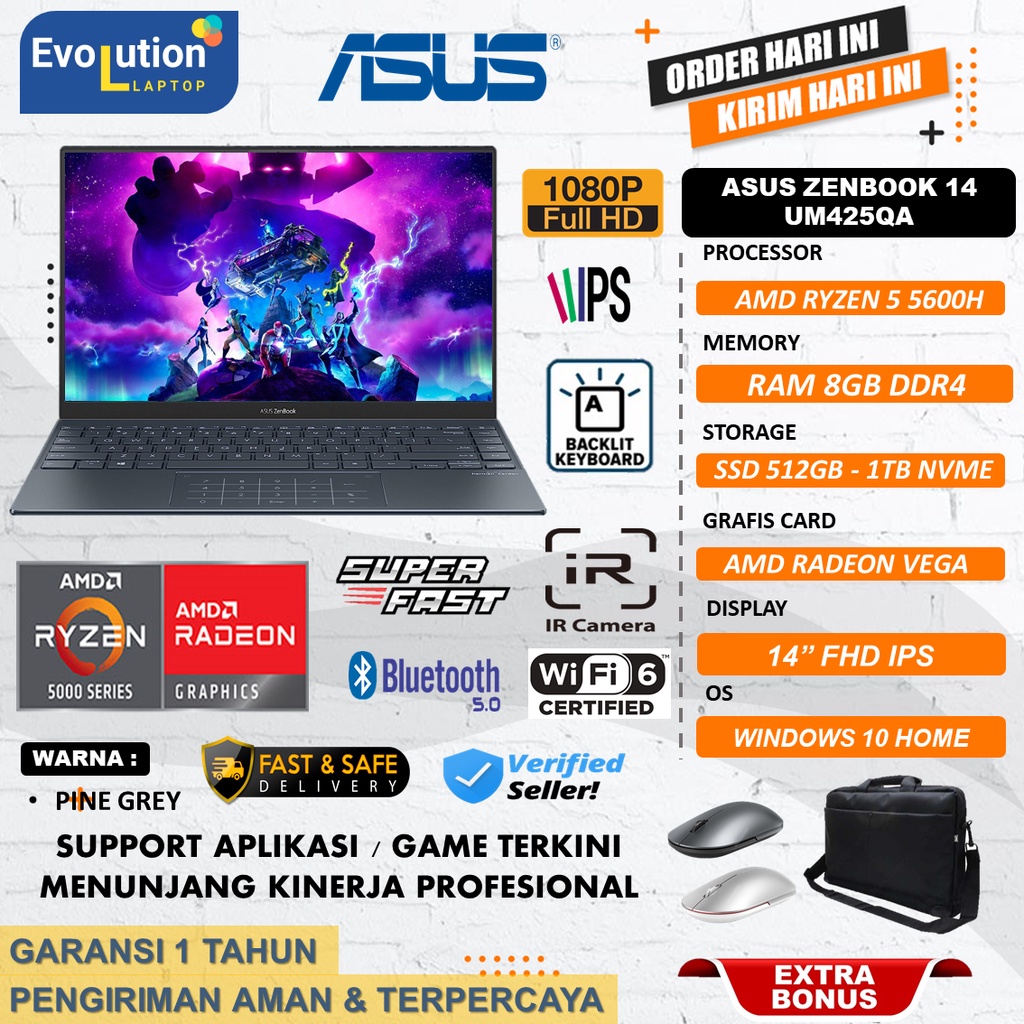 Laptop Gaming Asus ZENBOOK 14 UM425QA AMD RYZEN 5 5600H 8GB 512GB 1TB SSD 14&quot; FHD IPS PINE GREY