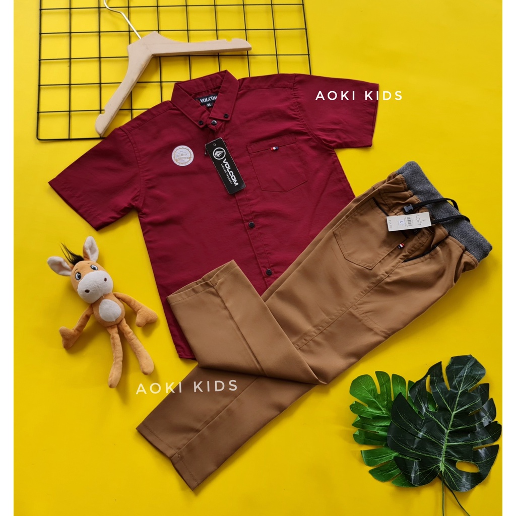 GRATIS ONGKIR /(COD)/ Pilih Setelan Kemeja Polos Berkualitas  Anak Cowok Lengan Pendek celana Chinos Panjang Keren terbaru Usia 2-12 Tahun