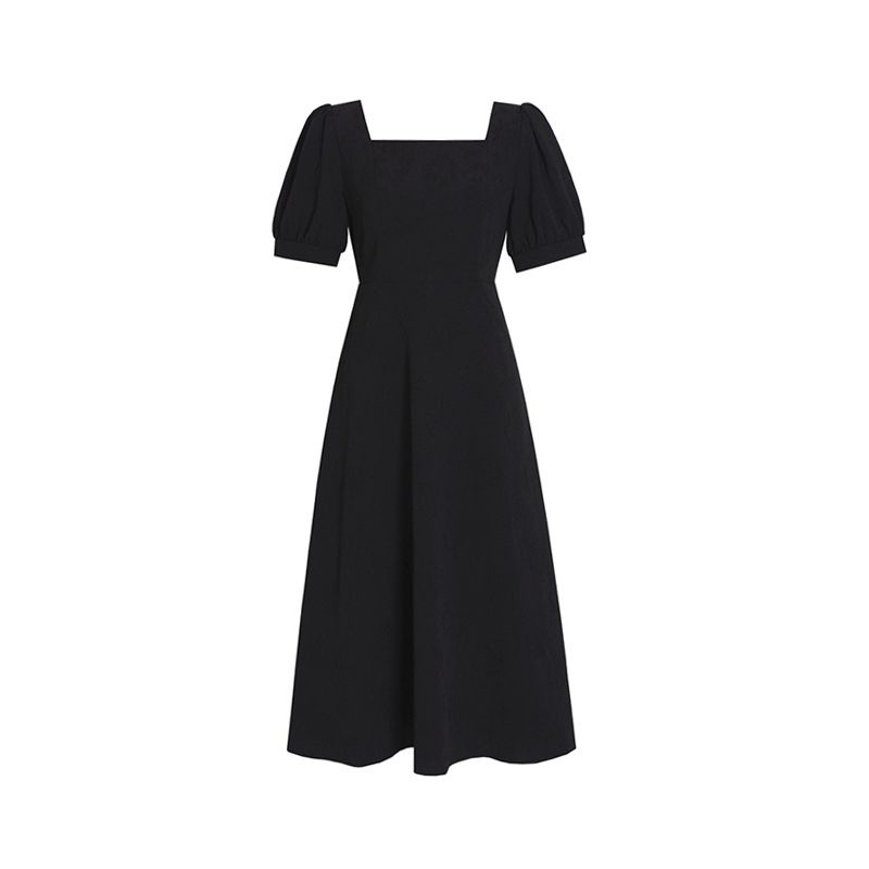 Gaun Midi Hitam Gaya Korea Elegan untuk Wanita