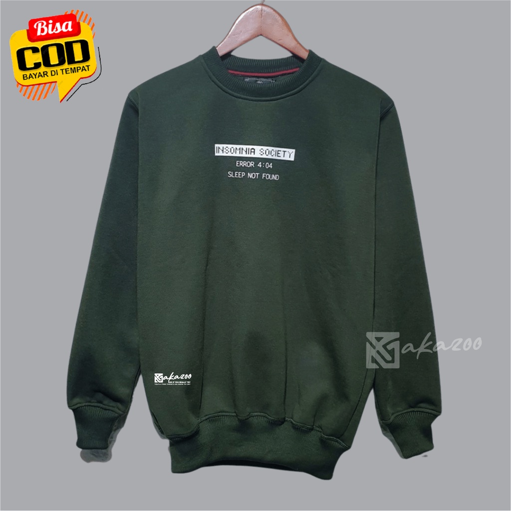 ocrewneck distro oversize pria Sablon INSOMNIA Warna Hijau Army crewneck kerah tinggi sweater oblong jumbo xxl crewneck hitam akazo