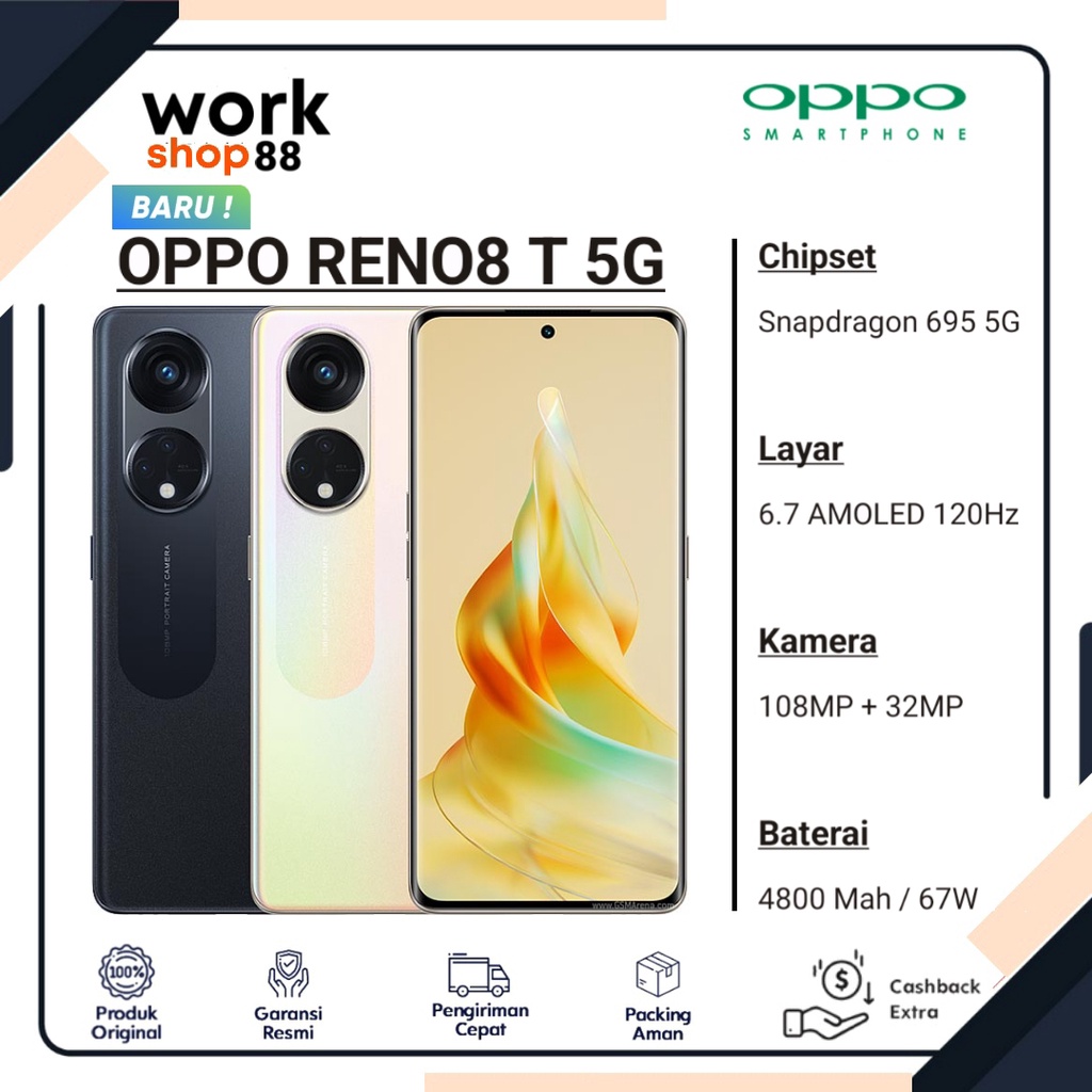 Produk Baru - HP Oppo Reno8 T 5G [8GB + 8GB Expansion Up To Ram 16GB] | Rom 256GB - New Original - G