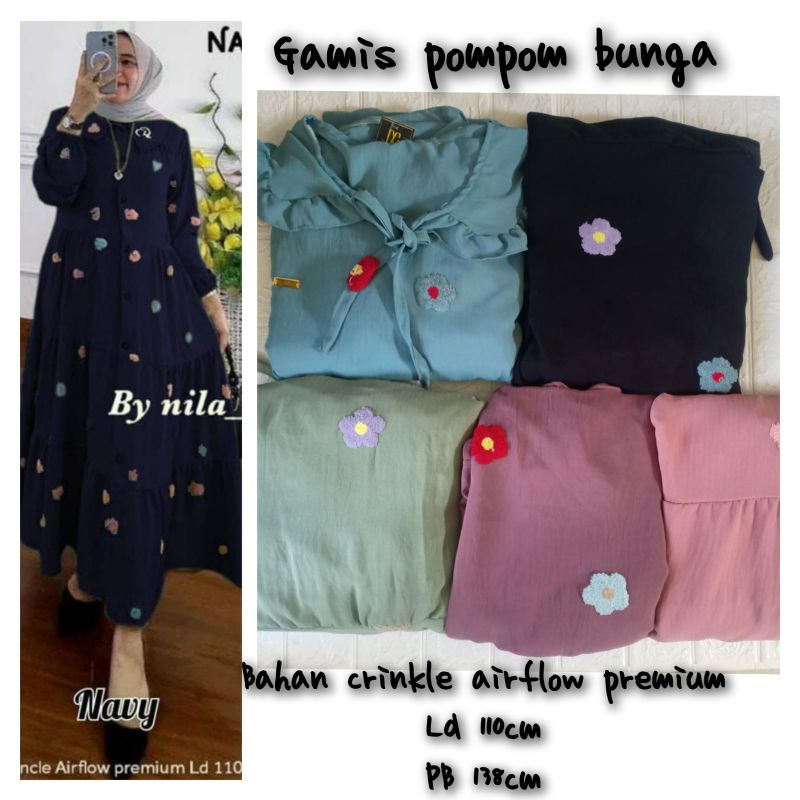 Nadya dress pompom gamis crinkle love crinkle airflow pompom