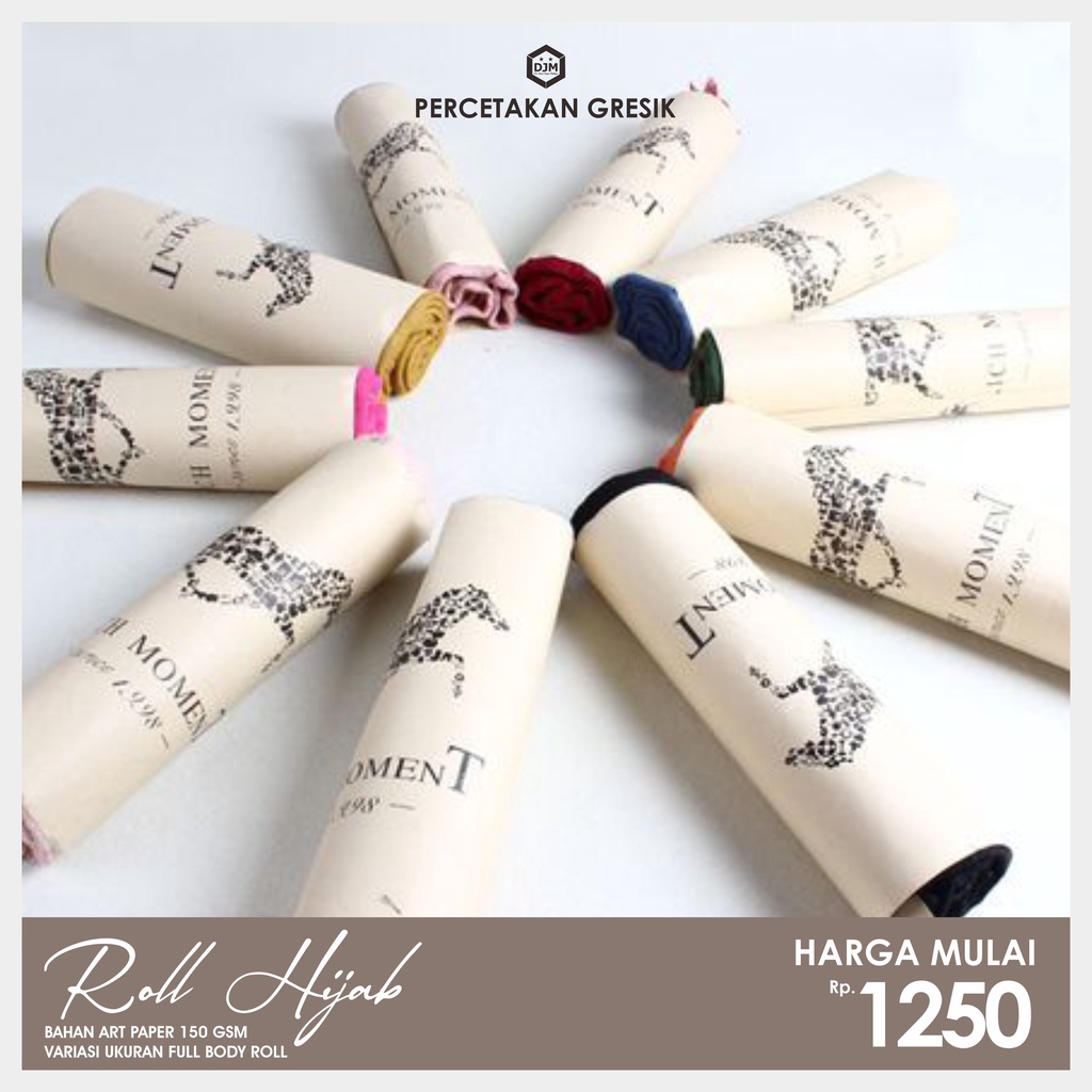 

Cetak Label Hijab Roll Hijab Packaging Hijab Custom Desain Bahan Artpaper 150gsm Glosy Variasi Full Body Roll