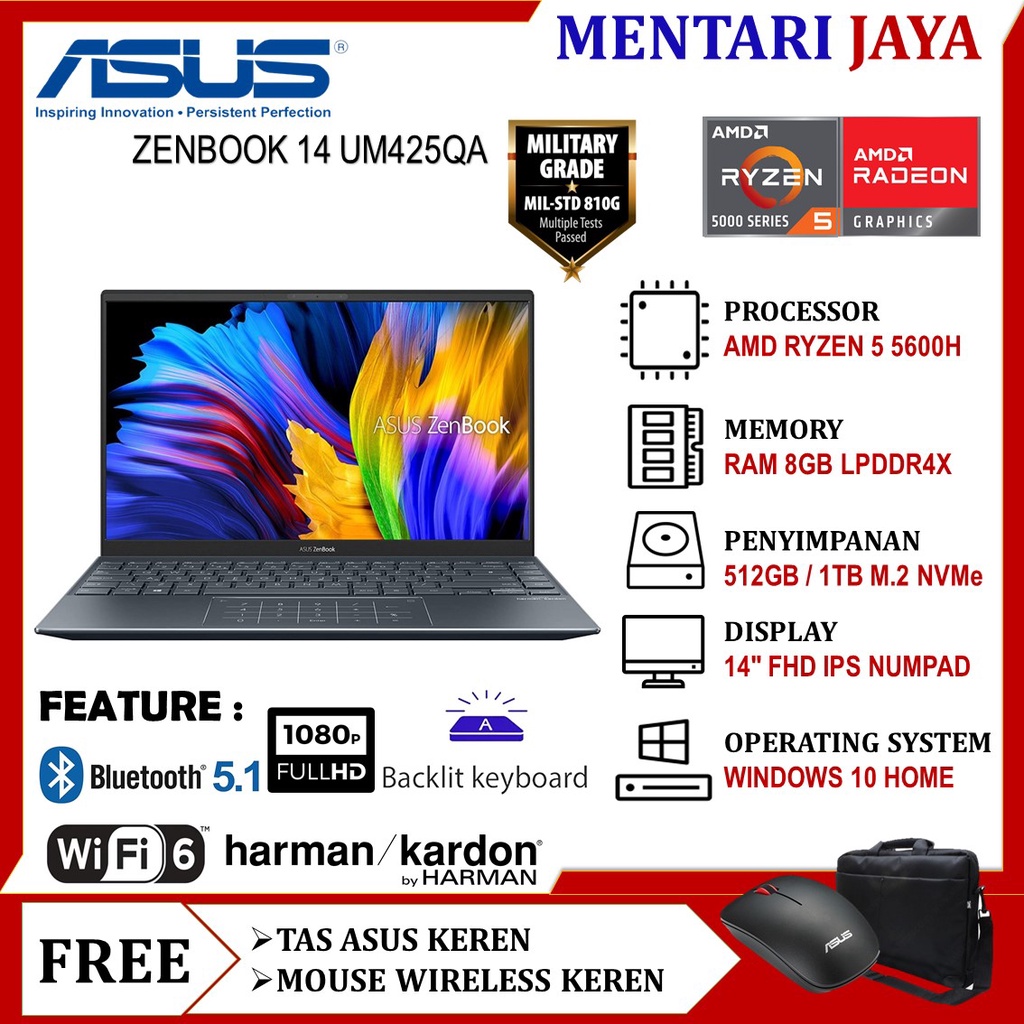 ASUS ZENBOOK 14 UM425QA RYZEN 5 5600H 8GB 1TB SSD WIN 10 FHD IPS