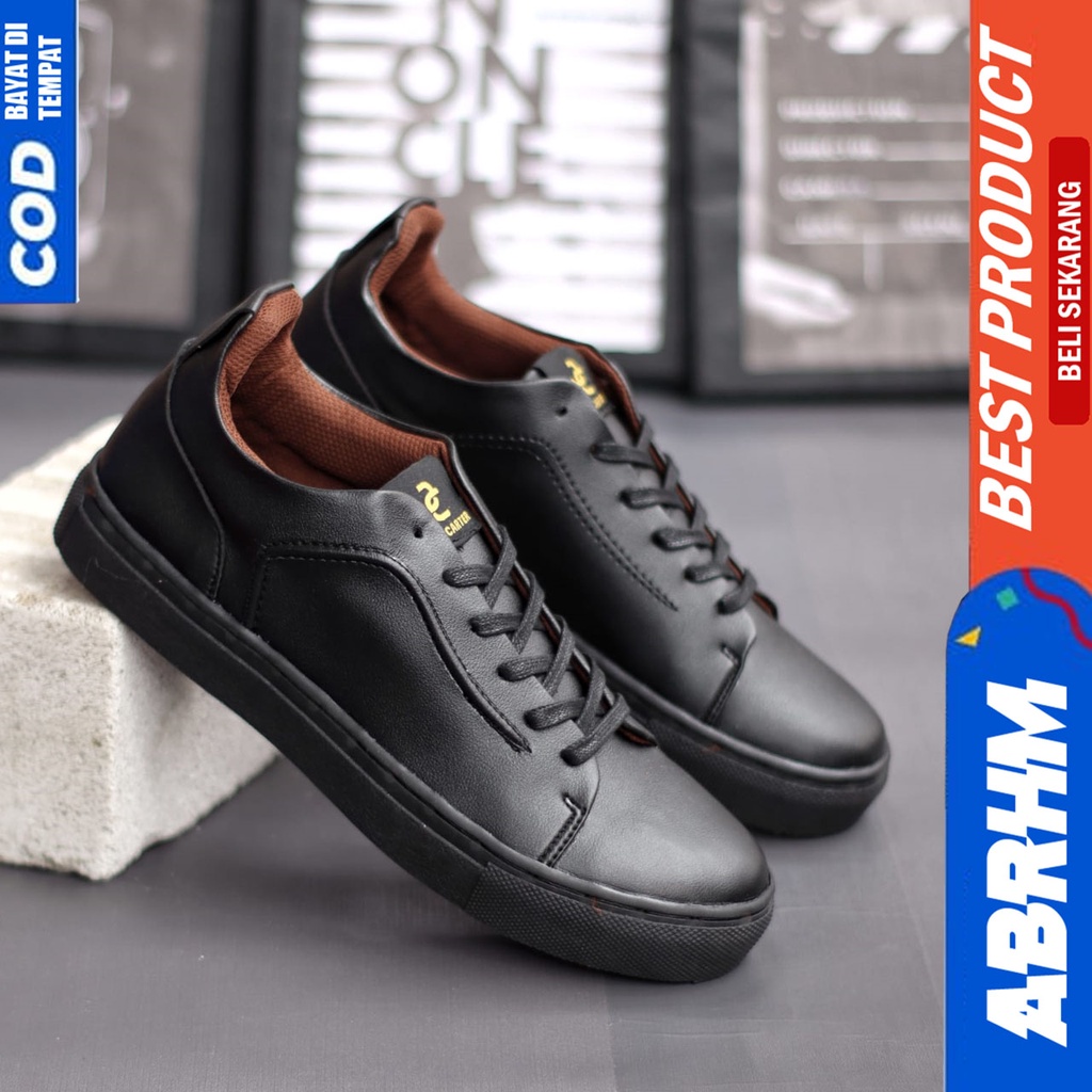 Sepatu Pria Sneakers Hitam Polos Kerja Sekolah Kuliah Abrhm Jhon Low