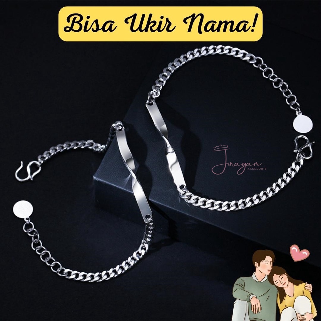 Gelang Couple Ukir Nama Pasangan Rantai Perak Silver Aesthetic Korea G13 Ailoviu