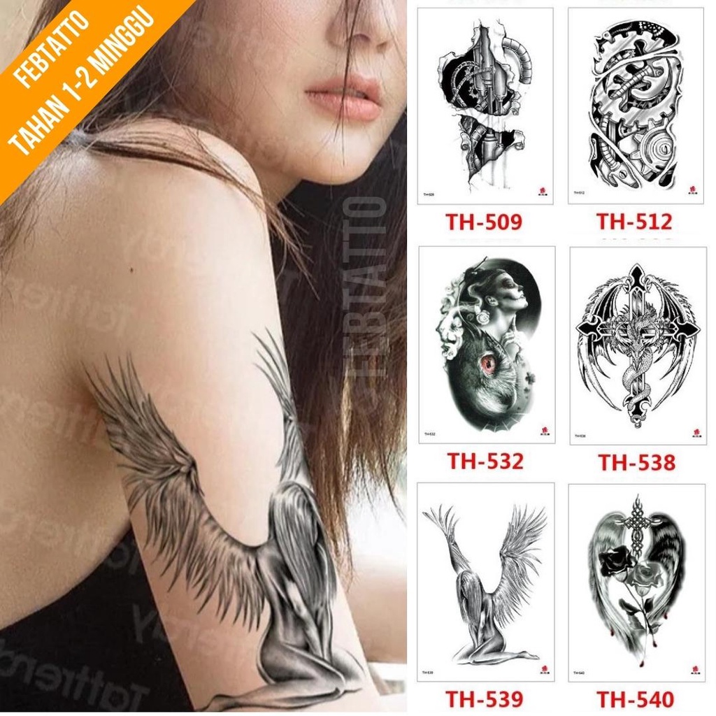 Tato Temporer Ukuran 21cmx15cm Motif Aesthetic Tatto Temporary Stiker Tato Halal Grosir Tato air motif sayap, salib, bunga, perempuan, tribal robot TH 539