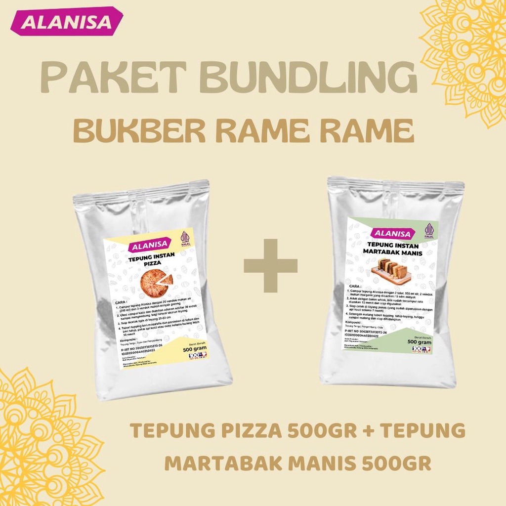 

BUNDLING BUKBER RAME RAME ( TEPUNG PIZZA 500GR + TEPUNG MARTABAK MANIS 500GR )