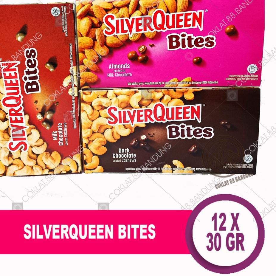 

☟ SILVERQUEEN BITES 30 GR/GRAM BOX ISI 12 PCS EX 35GR, COKELAT SILVER QUEEN BITES ALMOND MILK COKLAT DARK CASHEW 12 x 30gr ☝