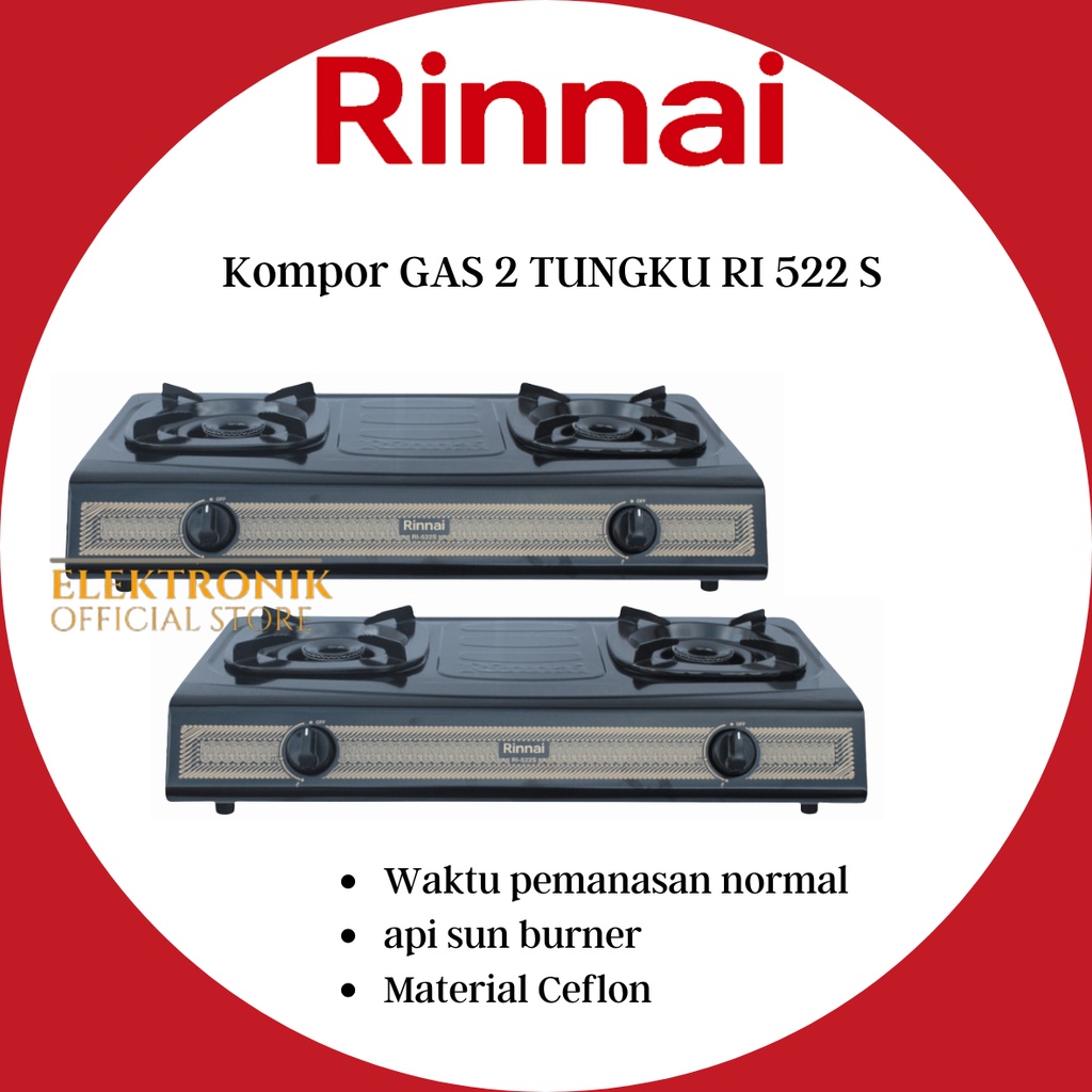 RINNAI KOMPOR GAS 2 TUNGKU RI 522 S /RI522S/RI 522S/RI-522S/RI-522 S/STAINLESS/100% ORIGINAL/GARANSI
