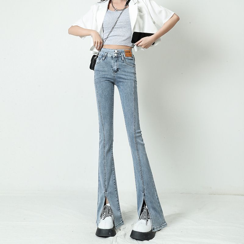 Red Celana Jeans Wanita Lebar Pinggang Tinggi Celah Sedikit Berkobar Musim Semi 2023 Baru Elastis Tipis Lebar Kaki Mengepel Celana Berkobar Tide