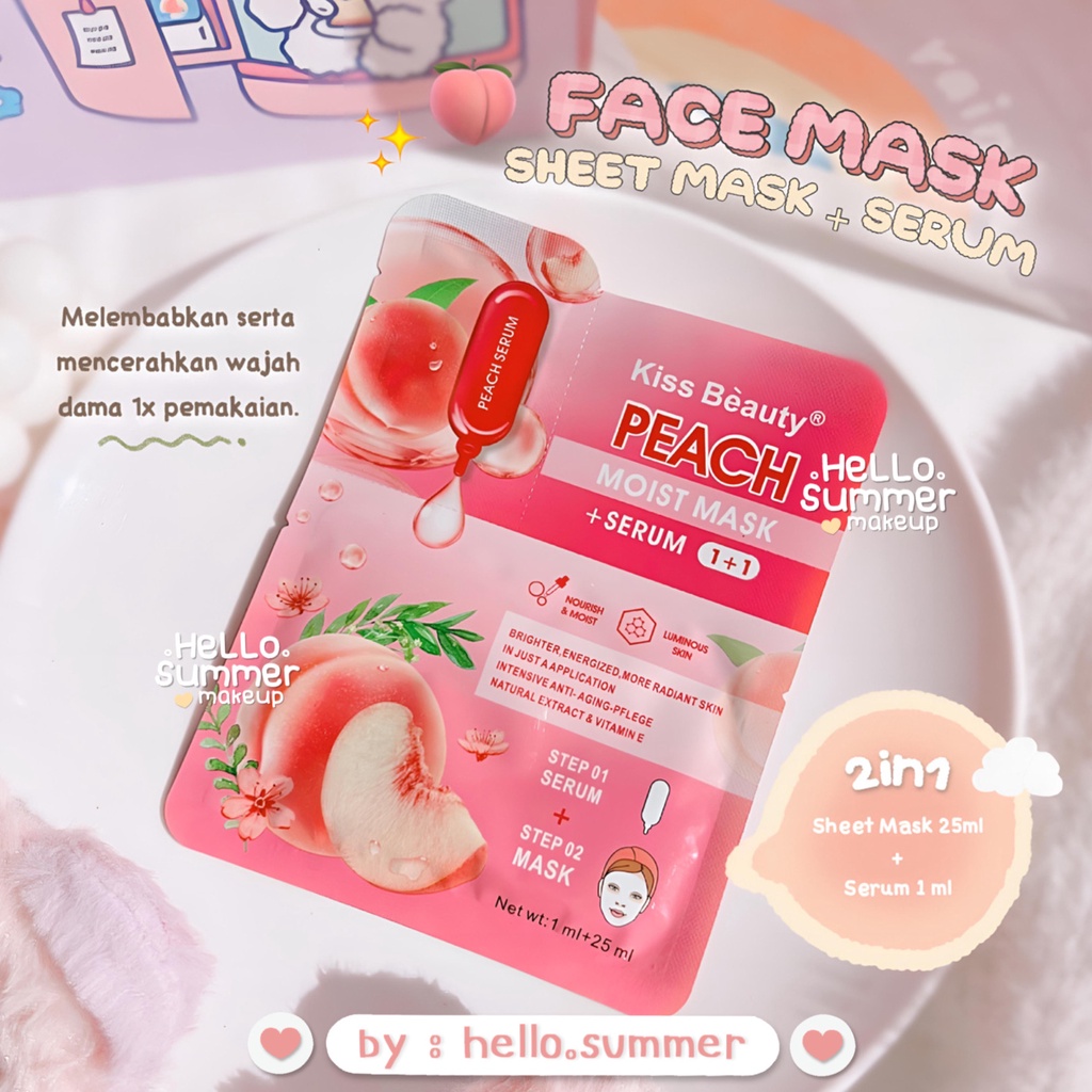 KISS BEAUTY-Collagen Peach Aloevera Sheet Mask Masker Wajah + Serum Bright &amp; Glow Instant Kiss Beauty