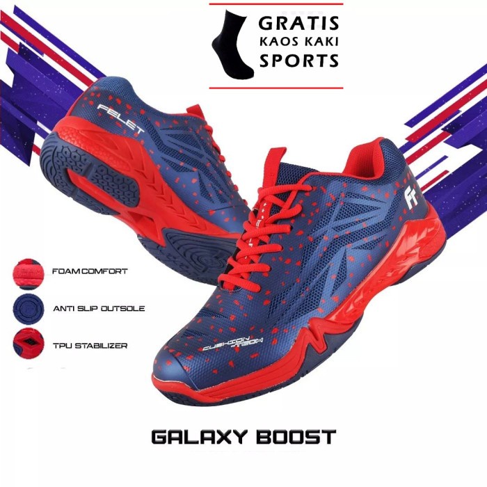 {MentariStore} Sepatu Badminton Felet Galaxy Boost Original FREE BANYAK - Navy Red 41 Murah