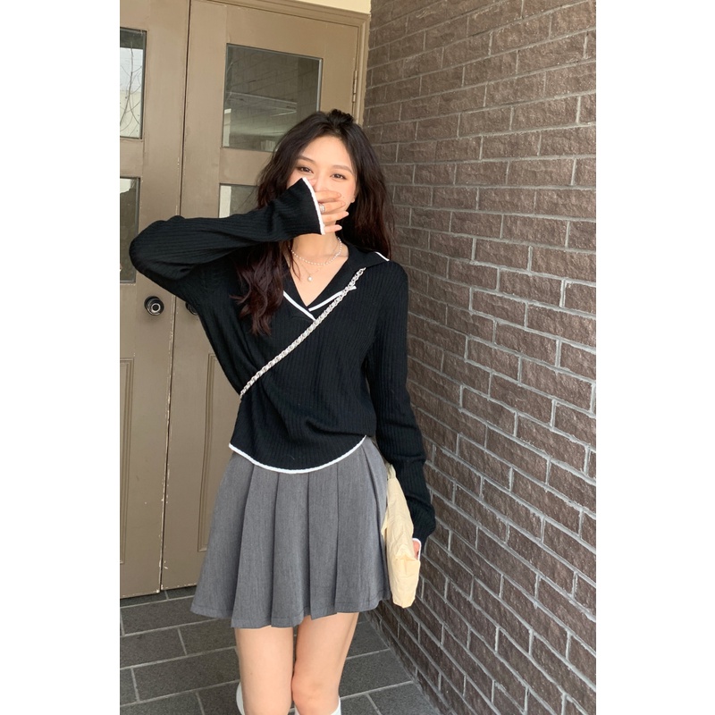 Korean Atasan Rajut Wanita V Neck Lengan Panjang Sweater Knit Polos Crop Knitted