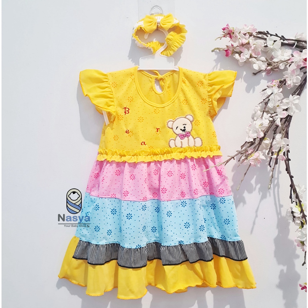 [P-012C] Dress Bayi Perempuan kombinasi warna BONUS BANDO (6-18 bulan)