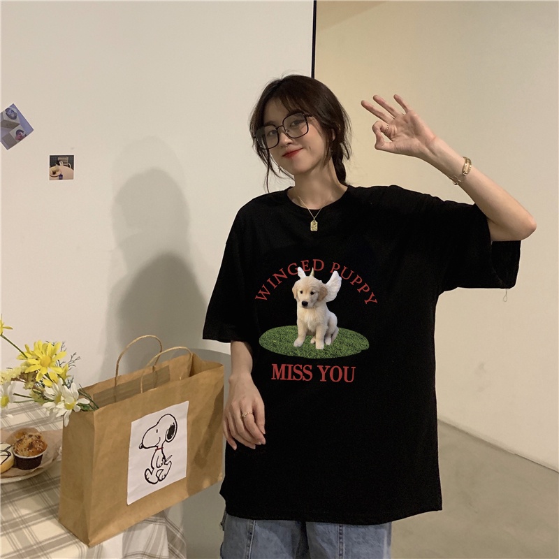 XIAOZHAINV Kaos Atasan Wanita Miss You Dog Pattern Lengan Pendek A0321