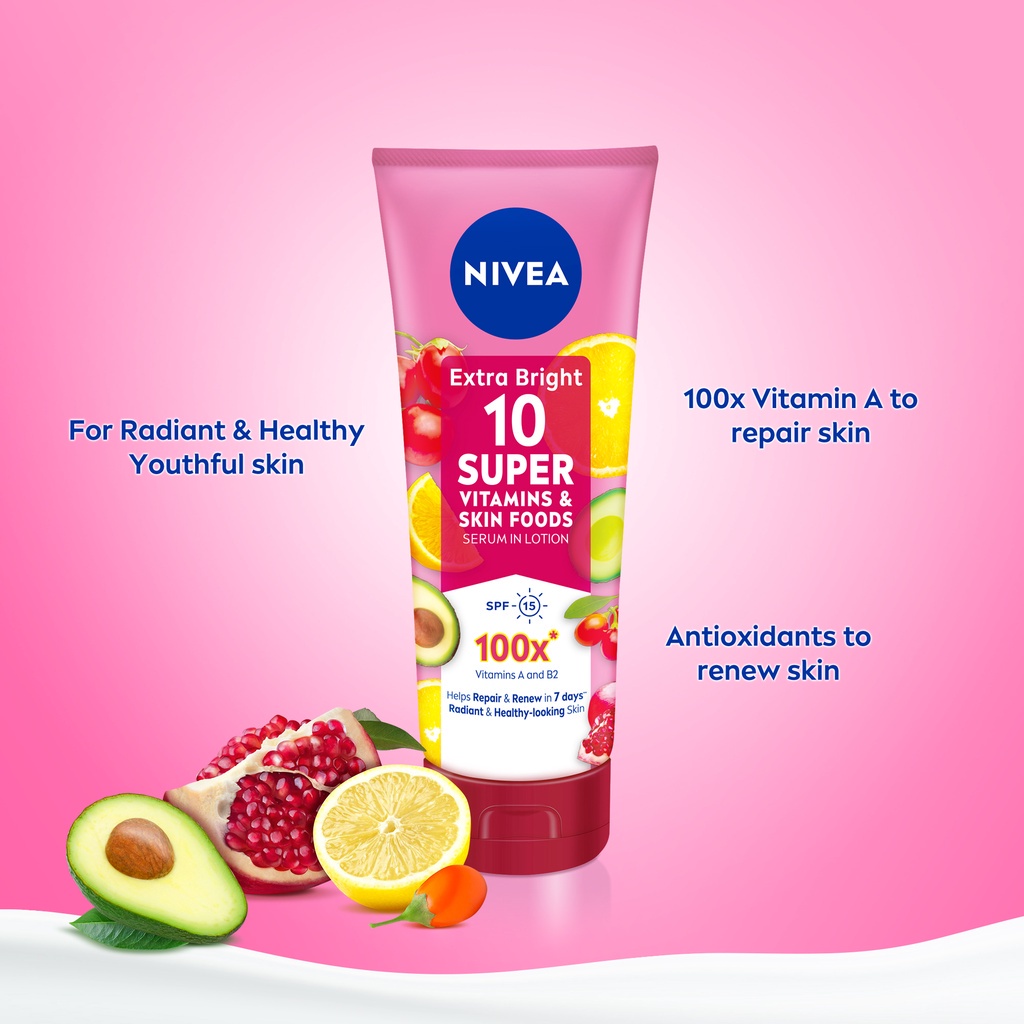 Up Your Look Nivea Extra Bright 10 Super Vitamin Skin food body serum mencerahkan