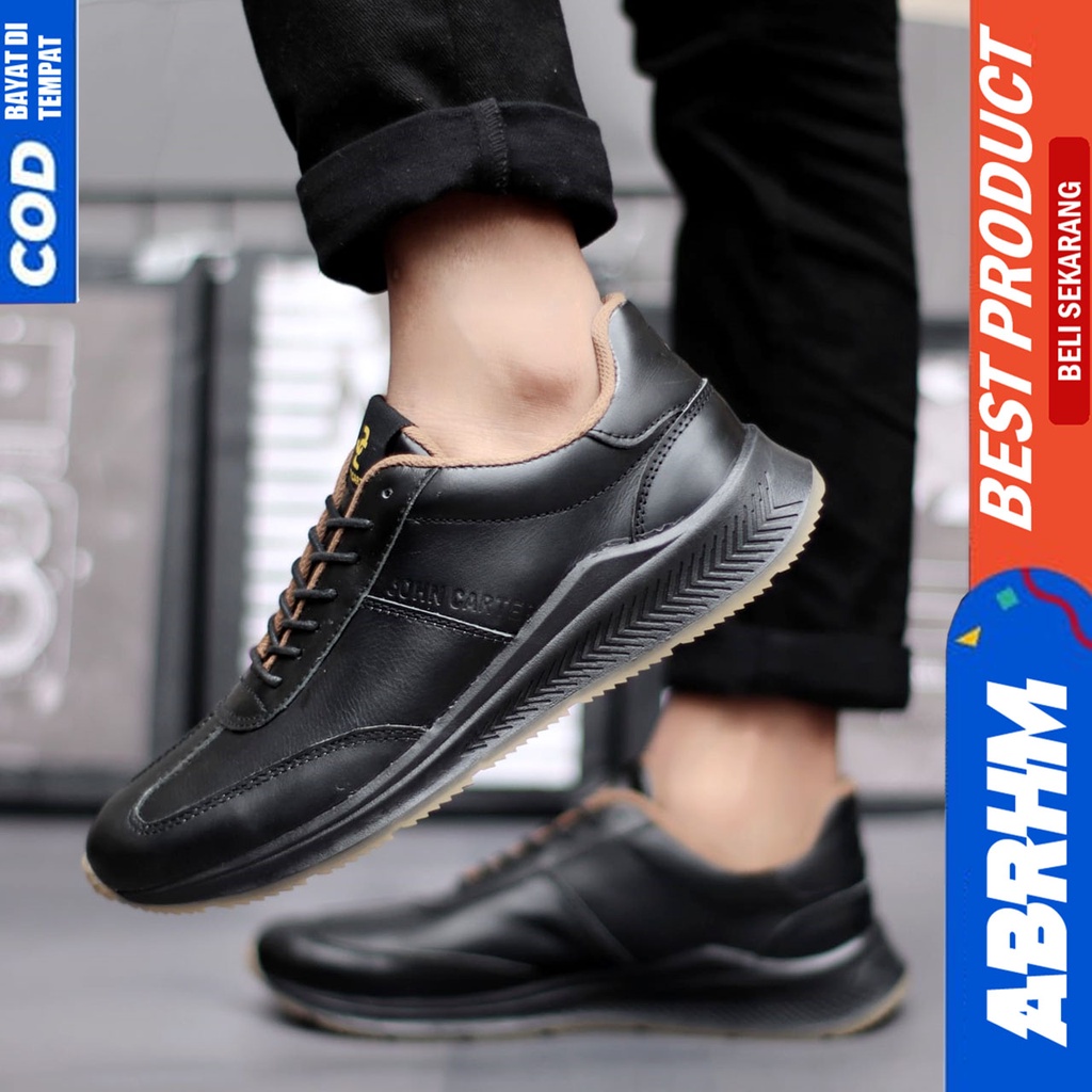 Sepatu Sneakers Casual Pria Kulit Asli Hitam Kerja Abrhm Spart