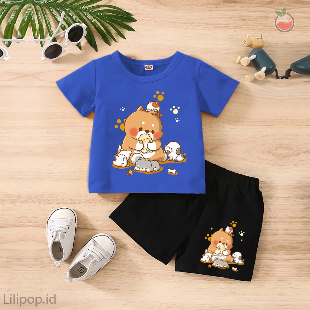 Baju Anak Stelan Kaos 3/4  BEAR CUTE Cowok Cewek  Usia 1 - 4 Tahun Celana Pendek Harian