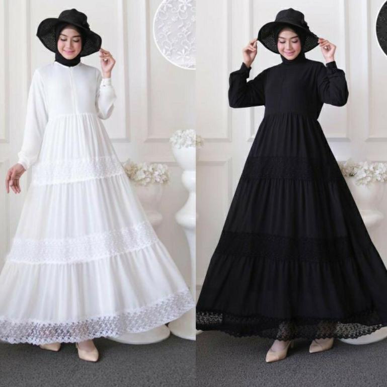 PALING DICARI Griya Falda - Gamis Ceruty Renda Rayya Hitam Putih Polos