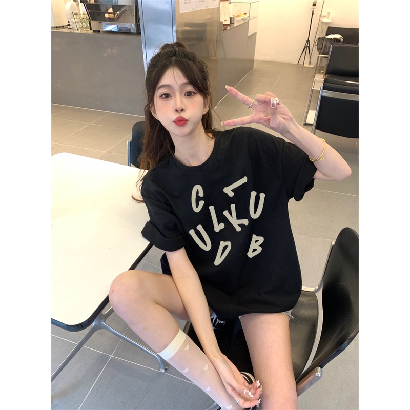 EUNII T-shirt Lengan Pendek Gaffiti In English Korean Style/Kaos Atasan Wanita/Baju Kaus Oversize Wanita/Kaos Wanita