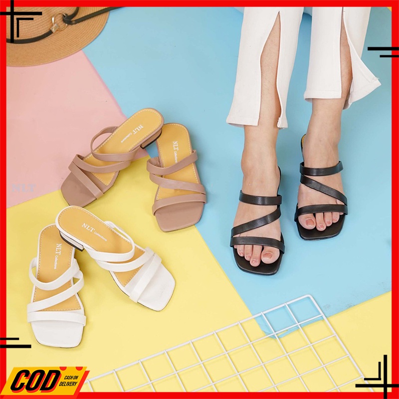 Sandal Heels Hak Hils Tahu Wanita 3cm Hitam Sendal Hels Hak Tahu Heel Hells Hills Tali Hitam Putih T