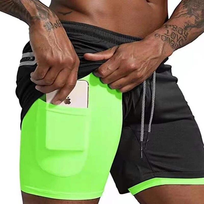 Celana Pendek Olahraga Gym Pria Double Layer XL - GY003 - Black/Green