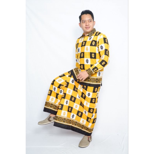 Setelan Sarung Celana Pria Dewasa Kombinasi Kemeja Batik Lengan Panjang Pendek Baju Cowok Modern Ful